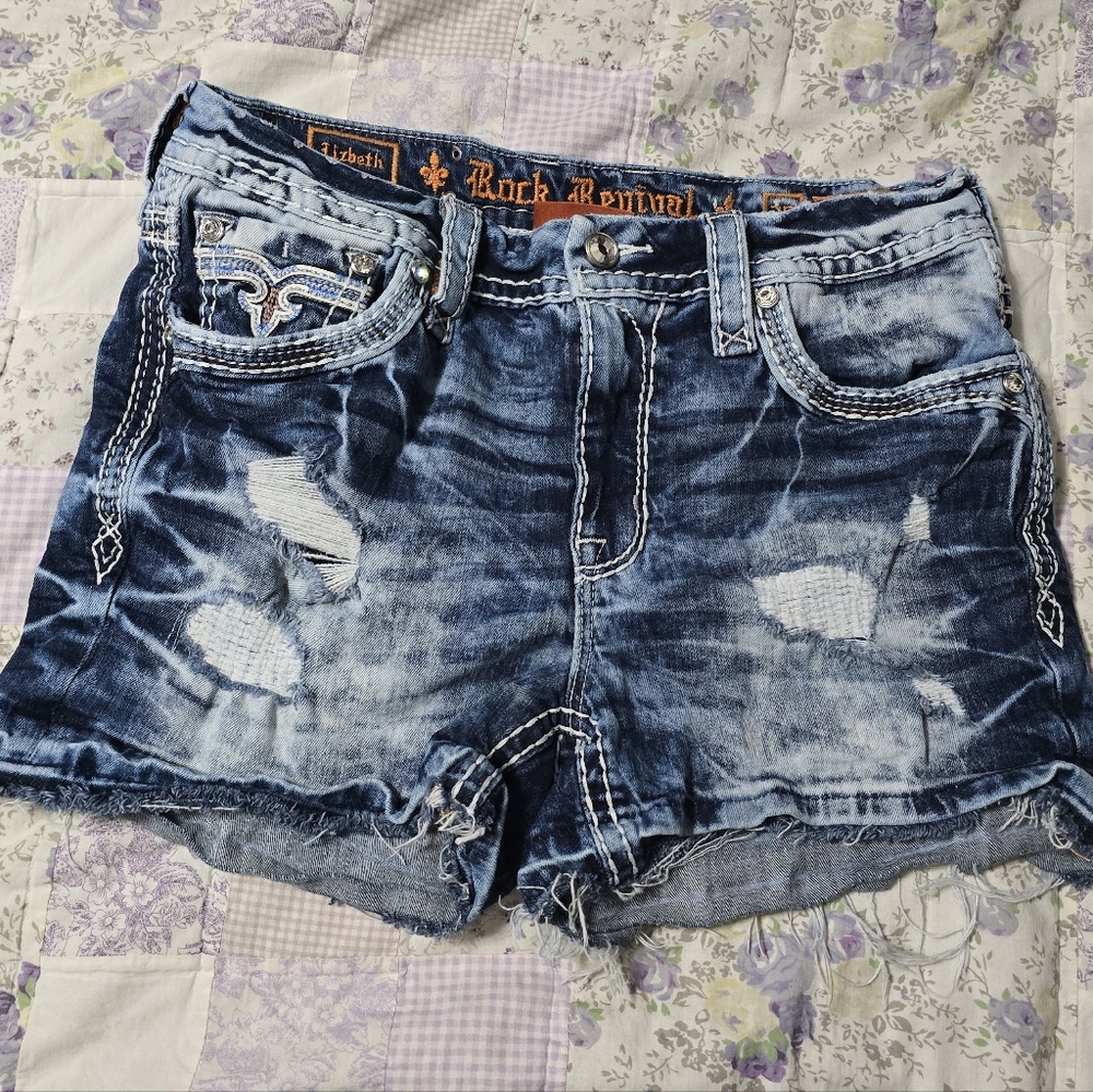 🤘NeW🎸 ROCK REVIVAL LIZBETH EMBELLISHED DISTRESS DESTRUCTED SHORTS 30 - Picture 12 of 16